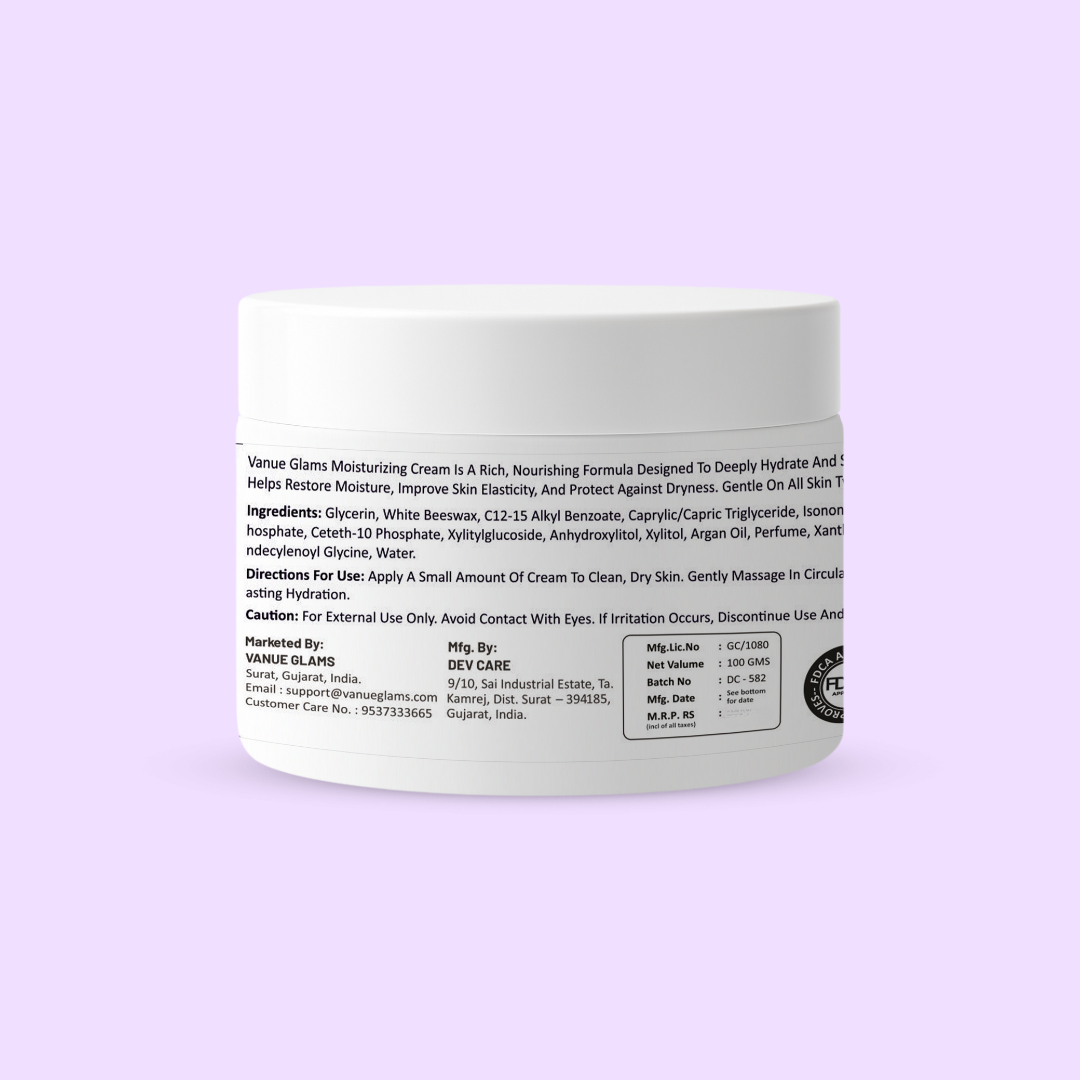 Vanue Glams Moisture Cream – Enriched with Shea Butter & Argan Oil – Deep Hydration for Soft, Smooth Skin – 100g