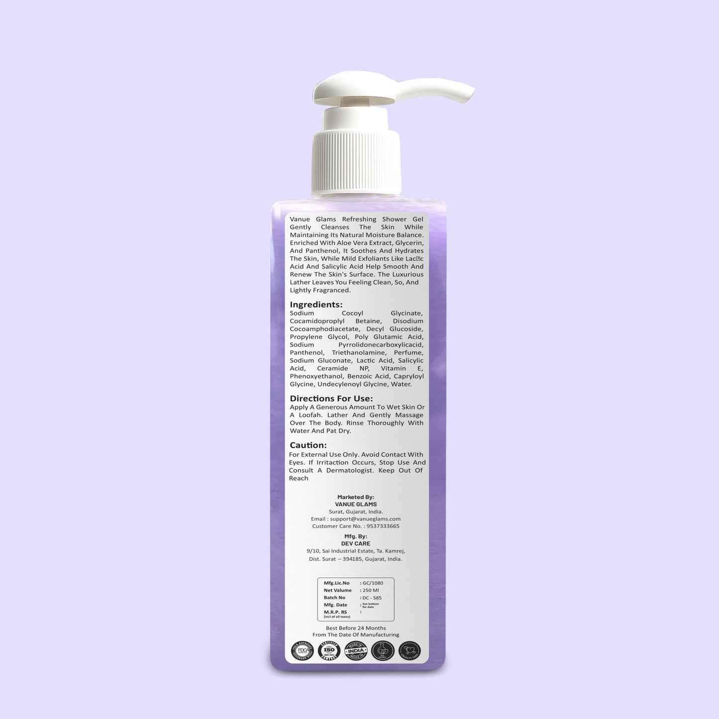 Vanue Glams Exfoliate Body Wash – Deep Cleansing & Radiant Skin with 2% Lactic Acid, 1% Salicylic Acid , 1% Ceramide and Pro Vitamin B5 – 250ml