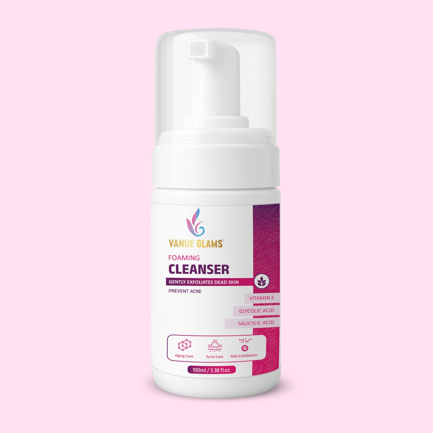 Vanue Glams Gentle Foaming Cleanser with  2% Salicylic Acid & 3% Glycolic Acid  | Exfoliates Dead Skin, Prevents Acne & Enhances Skin Radiance | Infused with Vitamin E | 100ml