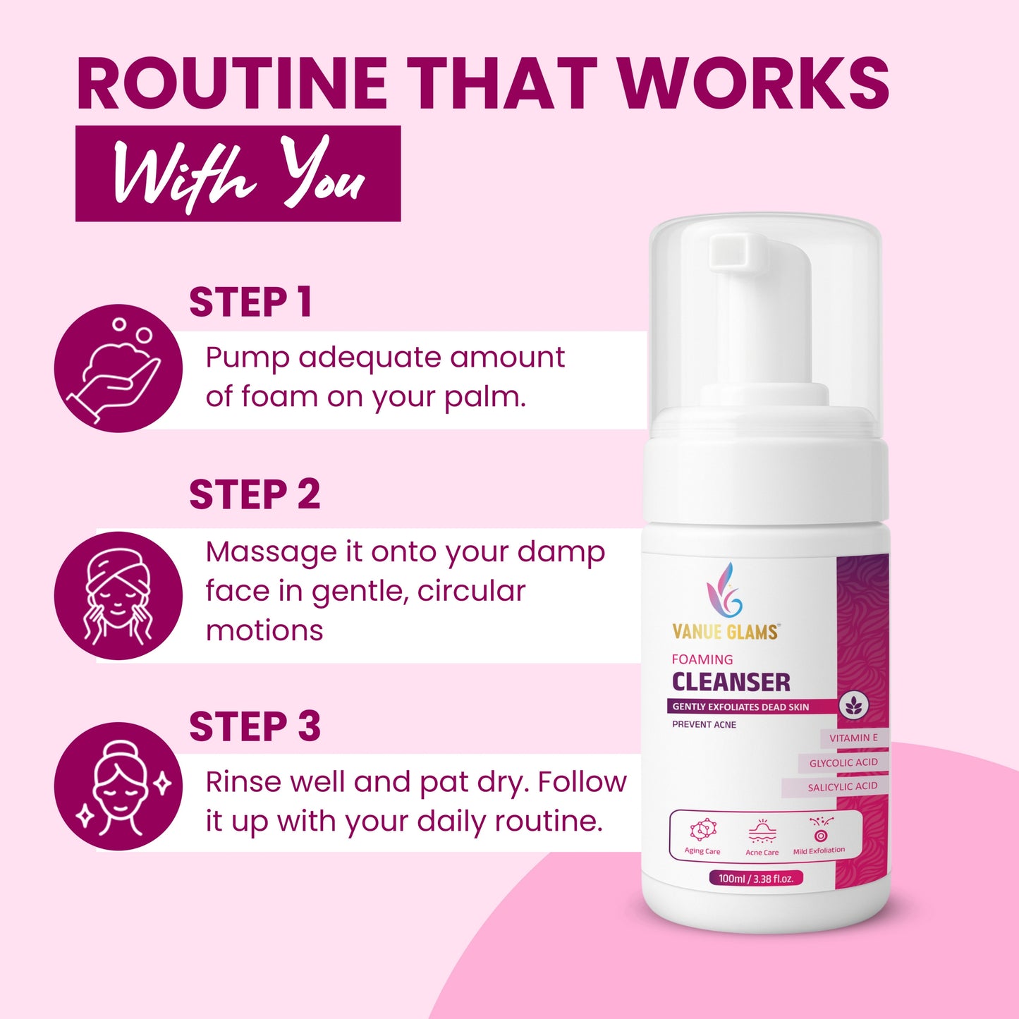 Vanue Glams Gentle Foaming Cleanser with  2% Salicylic Acid & 3% Glycolic Acid  | Exfoliates Dead Skin, Prevents Acne & Enhances Skin Radiance | Infused with Vitamin E | 100ml