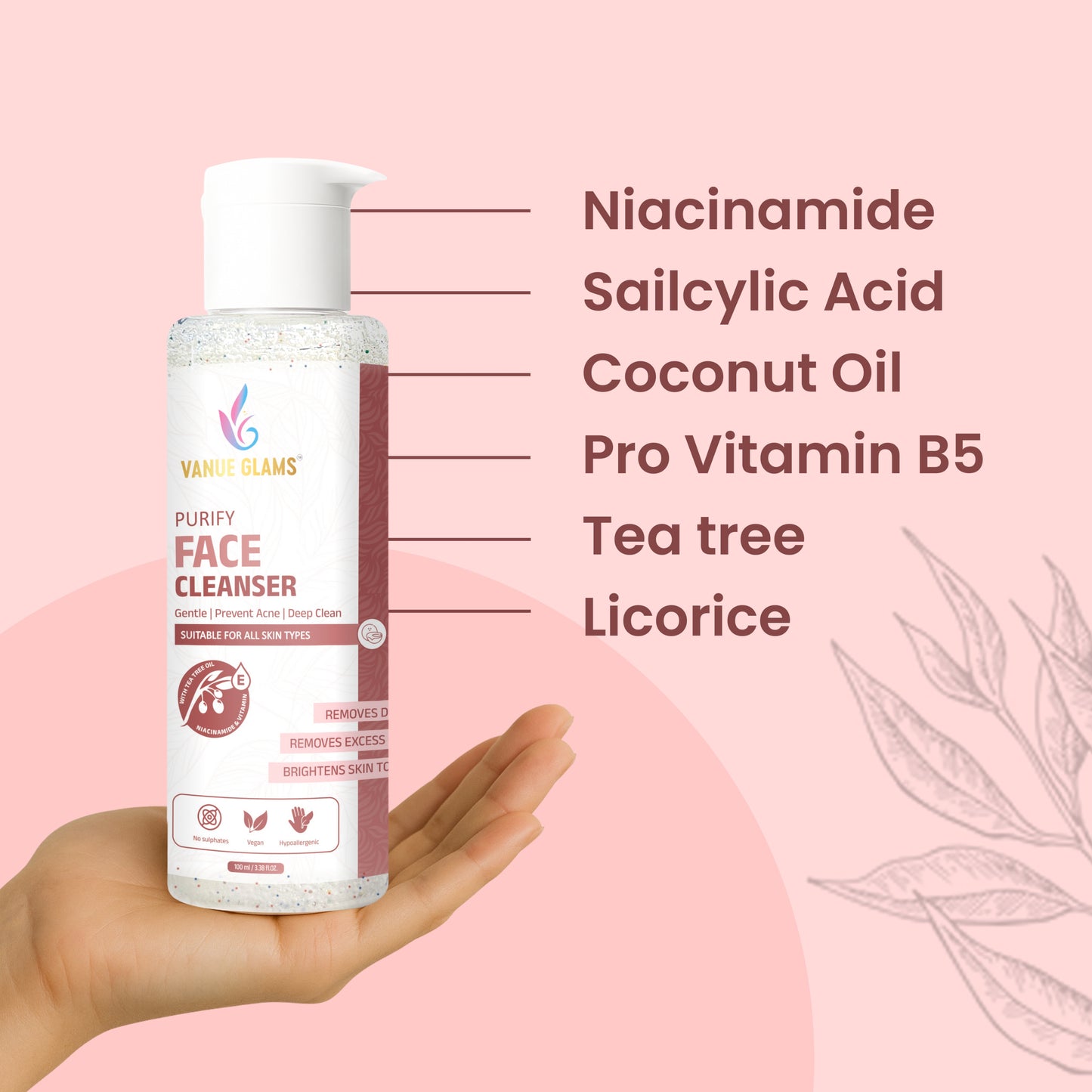 Vanue Glams Purify Face Cleanser – Gentle, Acne Preventing,  Deep Clean Formula with 3% Niacinamide And Vitamin E – Removes Dirt, Excess Oil, and Brightens Skin Tone – Suitable for All Skin Types – 100ml