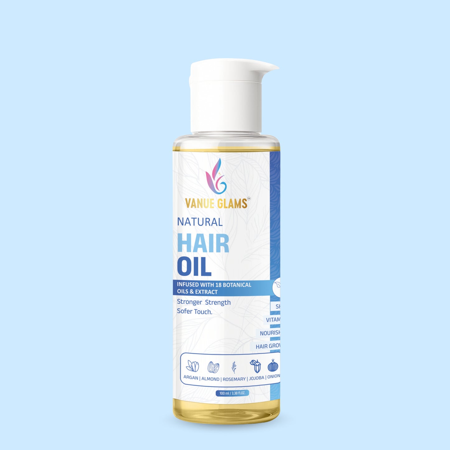 Vanue Glams Natural Hair Oil – Infused with 18 Botanical Oils & Extracts – Argan, Almond, Rosemary, Jojoba, Onion – Nourishes, Strengthens, and Promotes Hair Growth – 100ml