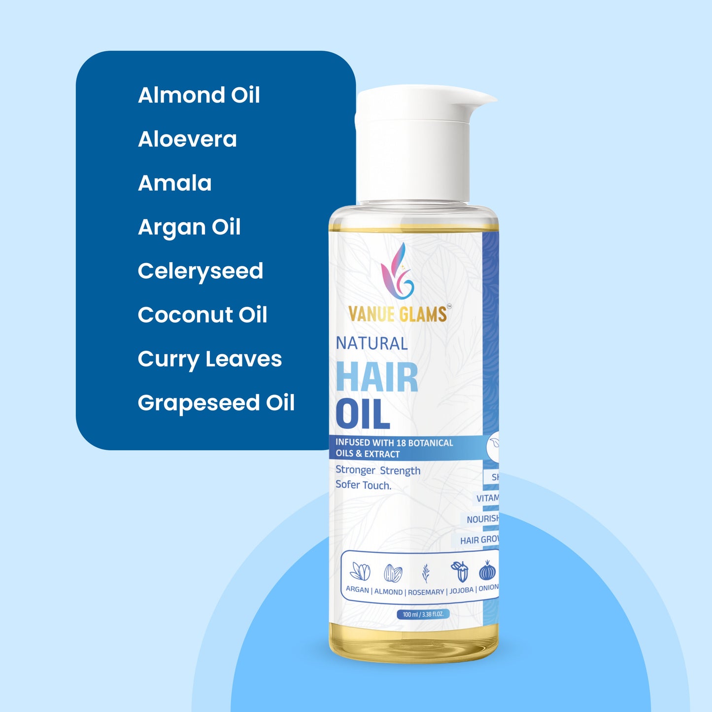 Vanue Glams Natural Hair Oil – Infused with 18 Botanical Oils & Extracts – Argan, Almond, Rosemary, Jojoba, Onion – Nourishes, Strengthens, and Promotes Hair Growth – 100ml