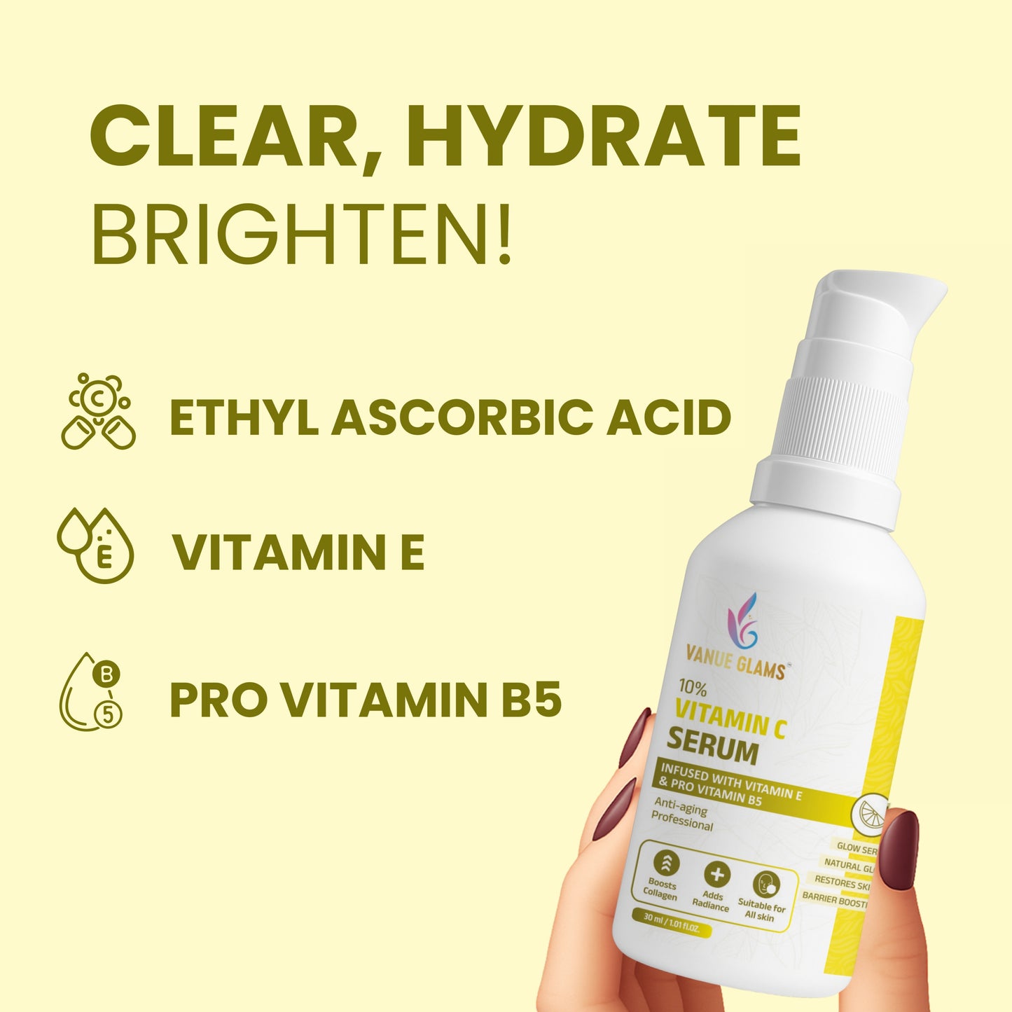 Vanue Glams 10% Vitamin C Serum – Infused with Vitamin E & Pro Vitamin B5 – Anti-Aging, Collagen Boosting, Restores Skin Radiance – 30ml