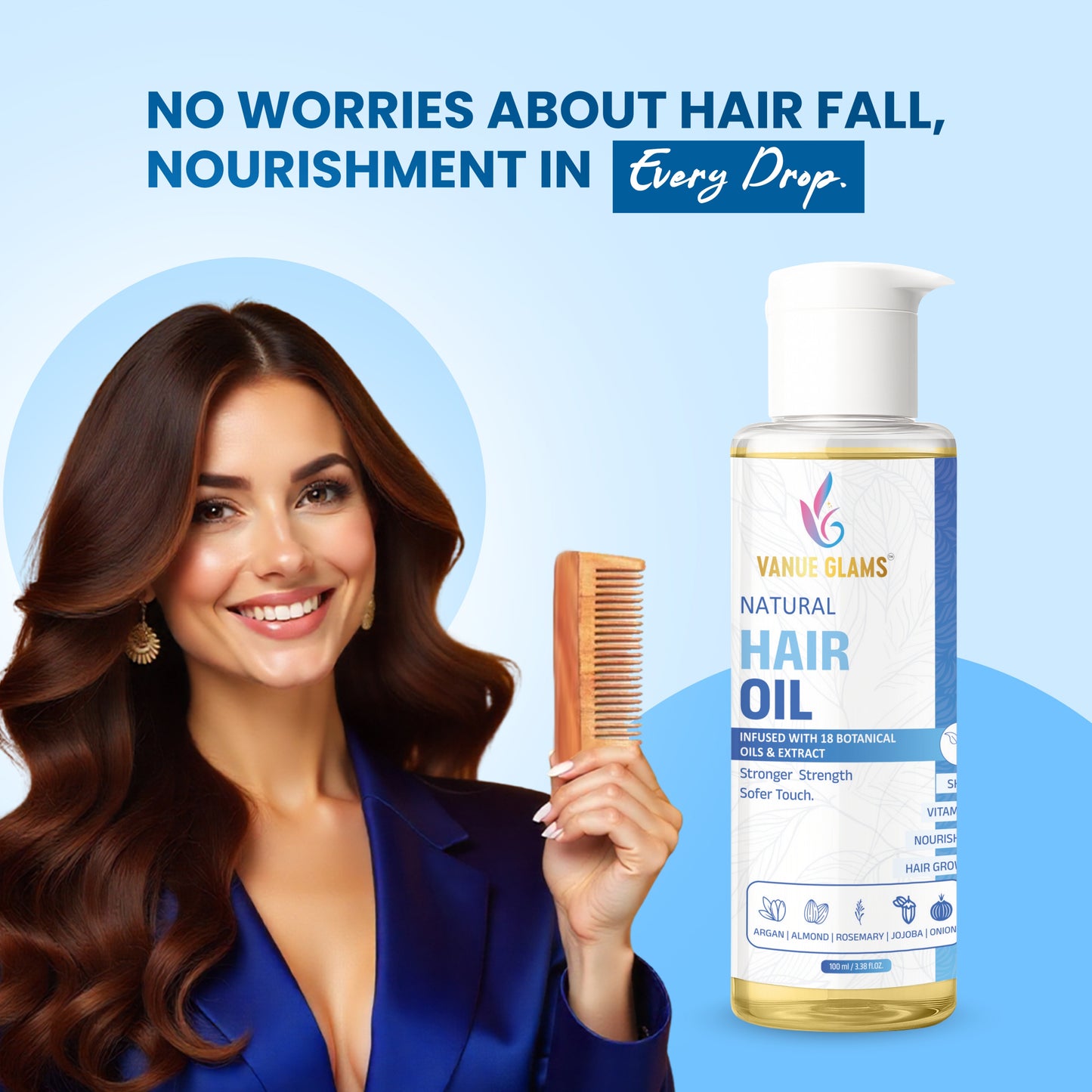 Vanue Glams Natural Hair Oil – Infused with 18 Botanical Oils & Extracts – Argan, Almond, Rosemary, Jojoba, Onion – Nourishes, Strengthens, and Promotes Hair Growth – 100ml