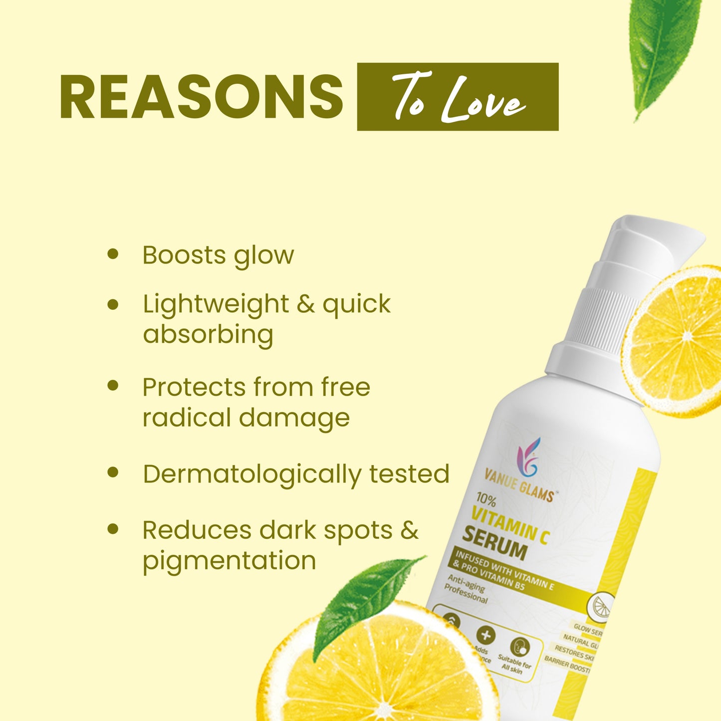 Vanue Glams 10% Vitamin C Serum – Infused with Vitamin E & Pro Vitamin B5 – Anti-Aging, Collagen Boosting, Restores Skin Radiance – 30ml