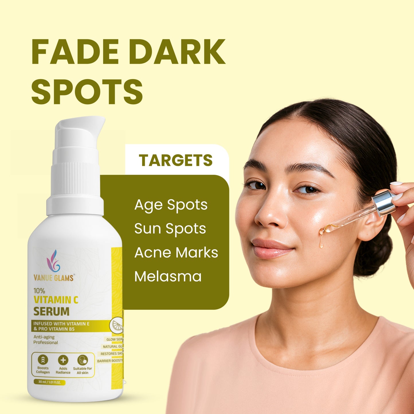 Vanue Glams 10% Vitamin C Serum – Infused with Vitamin E & Pro Vitamin B5 – Anti-Aging, Collagen Boosting, Restores Skin Radiance – 30ml