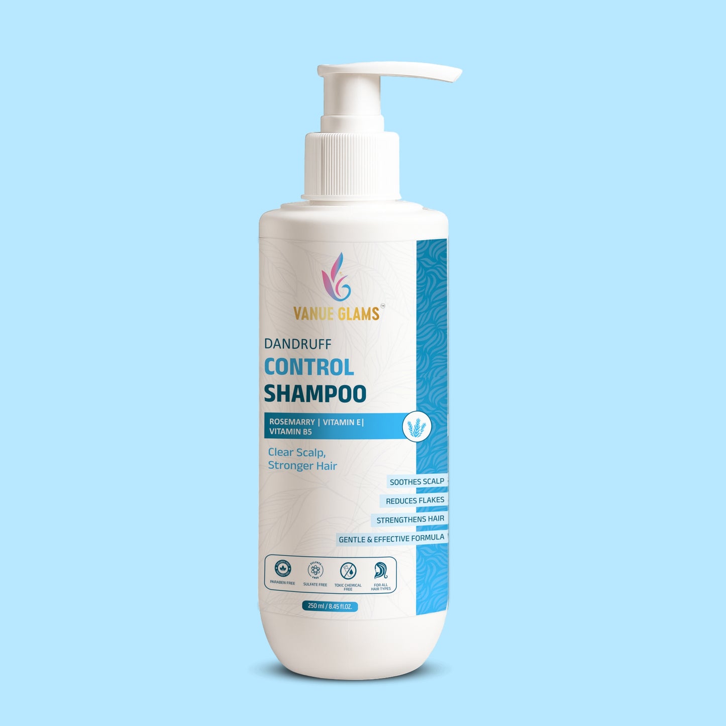 Vanue Glams Dandruff Control Shampoo – Rosemary, Vitamin E, and Vitamin B5 – Soothes Scalp, Reduces Flakes, Strengthens Hair – 250ml