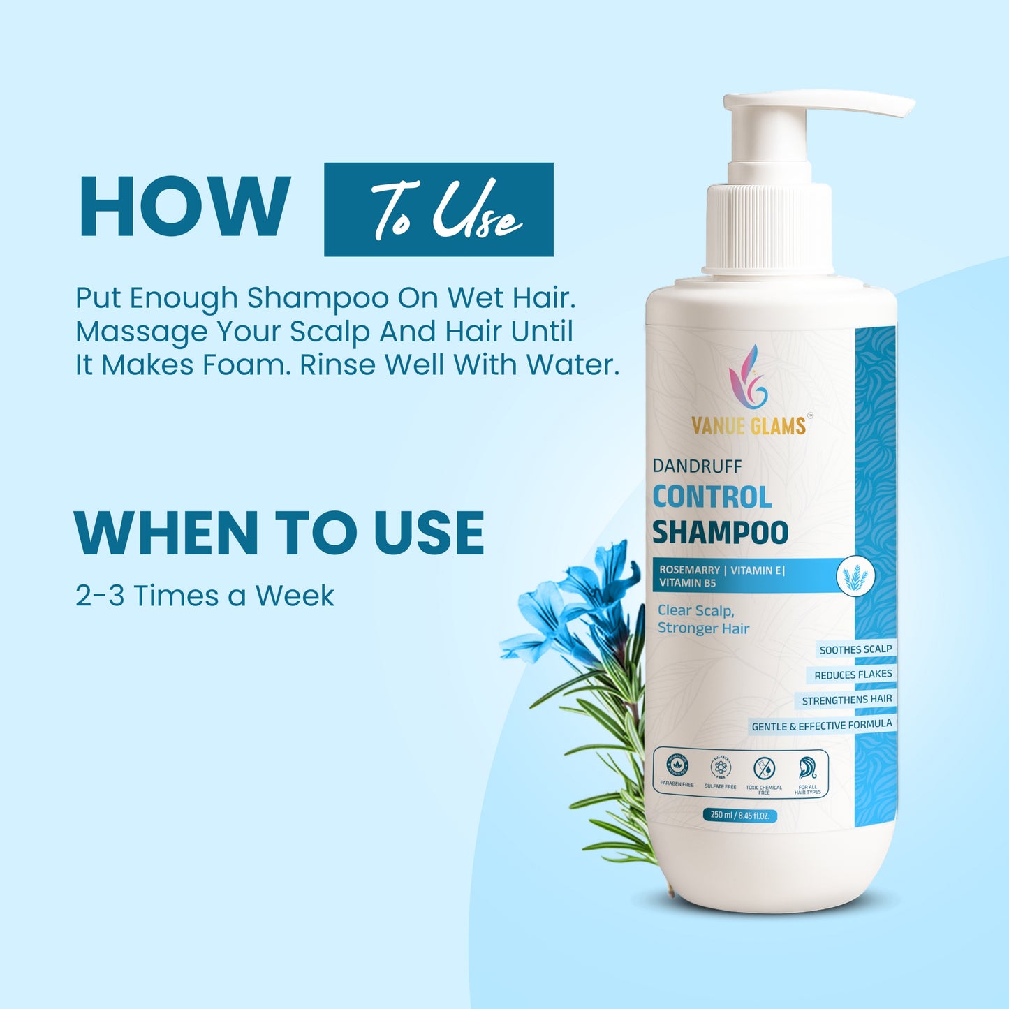 Vanue Glams Dandruff Control Shampoo – Rosemary, Vitamin E, and Vitamin B5 – Soothes Scalp, Reduces Flakes, Strengthens Hair – 250ml