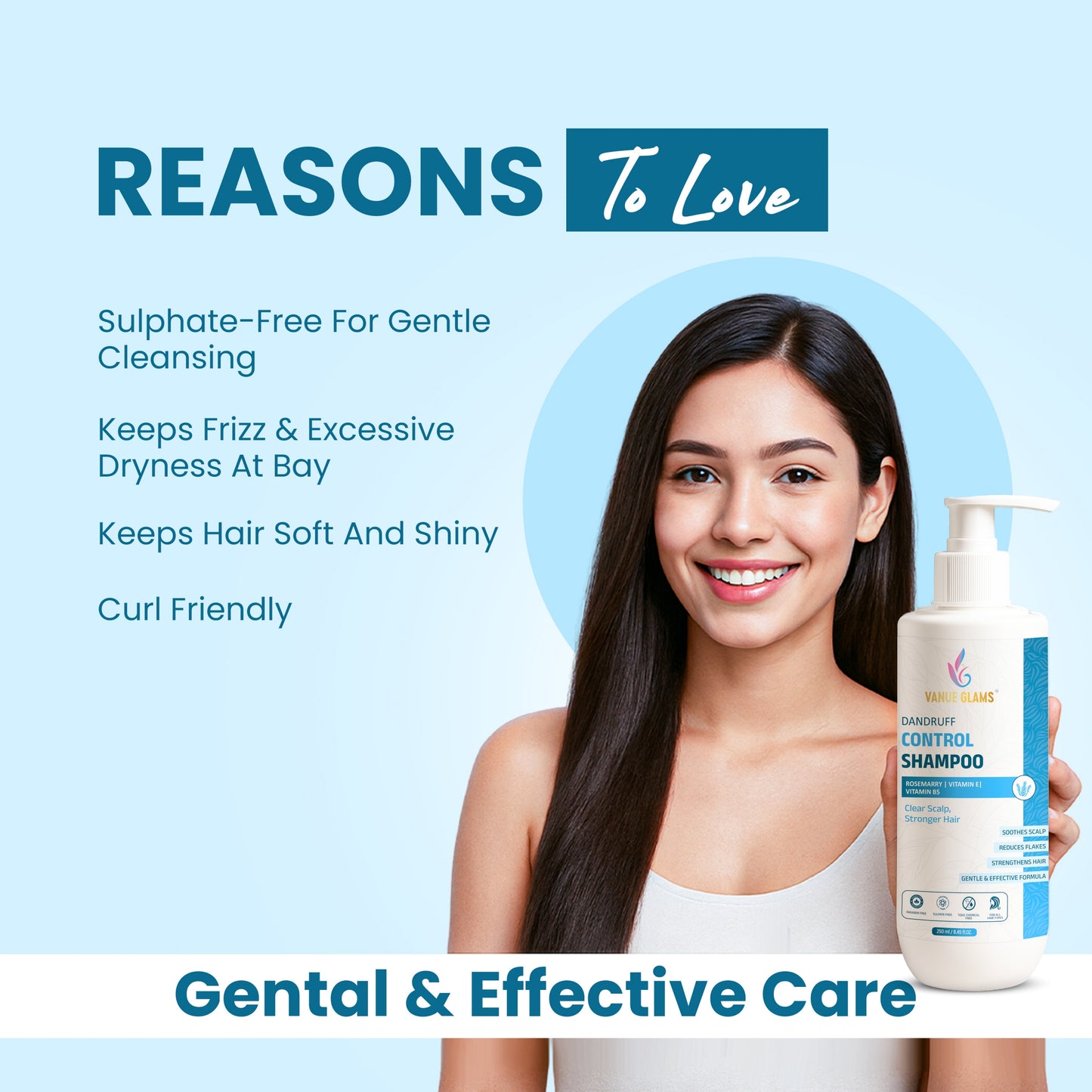 Vanue Glams Dandruff Control Shampoo – Rosemary, Vitamin E, and Vitamin B5 – Soothes Scalp, Reduces Flakes, Strengthens Hair – 250ml