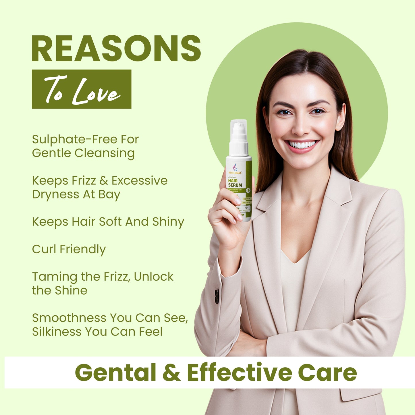 Vanue Glams Avocado Hair Serum – Frizz-Free Hair with Natural Shine – Infused with Keratin & Argan Oil – 50ml