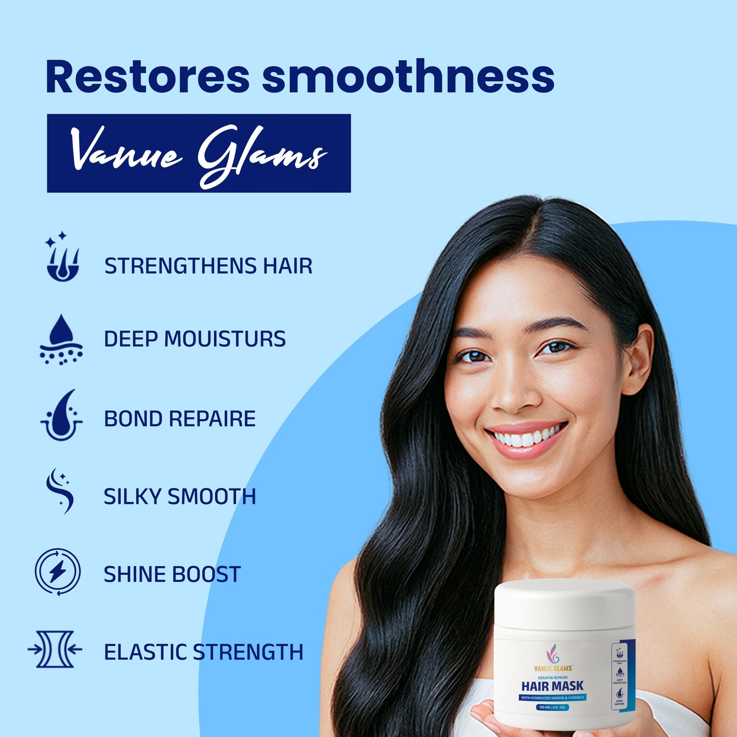 Vanue Glams Keratin Repair Hair Mask – Strengthens Hair, Deep Moisturizes, Damage Repair with Hydrolyzed Keratin & Vitamin E – 200g