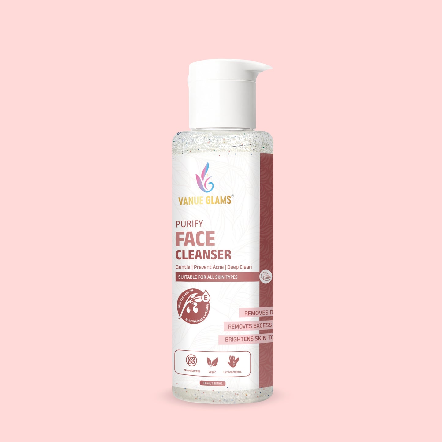 Vanue Glams Purify Face Cleanser – Gentle, Acne Preventing,  Deep Clean Formula with 3% Niacinamide And Vitamin E – Removes Dirt, Excess Oil, and Brightens Skin Tone – Suitable for All Skin Types – 100ml