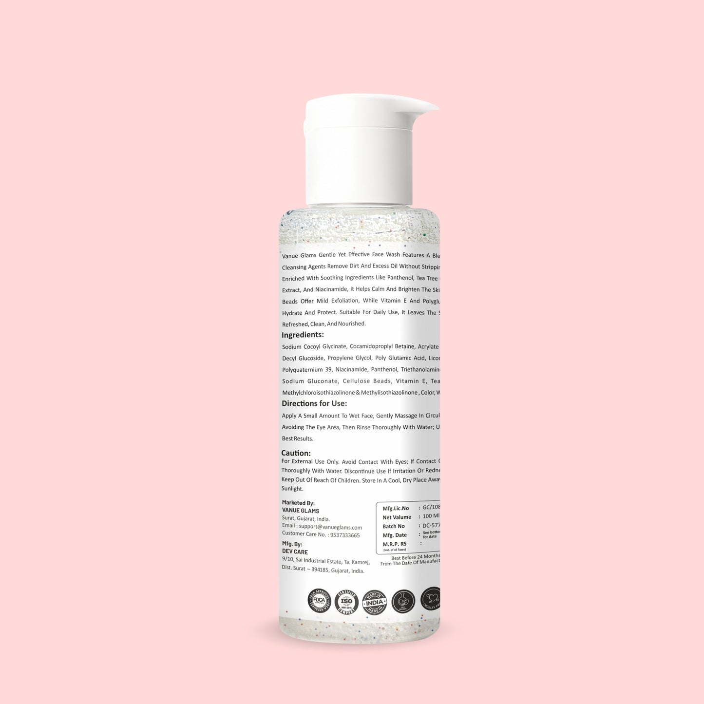 Vanue Glams Purify Face Cleanser – Gentle, Acne Preventing,  Deep Clean Formula with 3% Niacinamide And Vitamin E – Removes Dirt, Excess Oil, and Brightens Skin Tone – Suitable for All Skin Types – 100ml