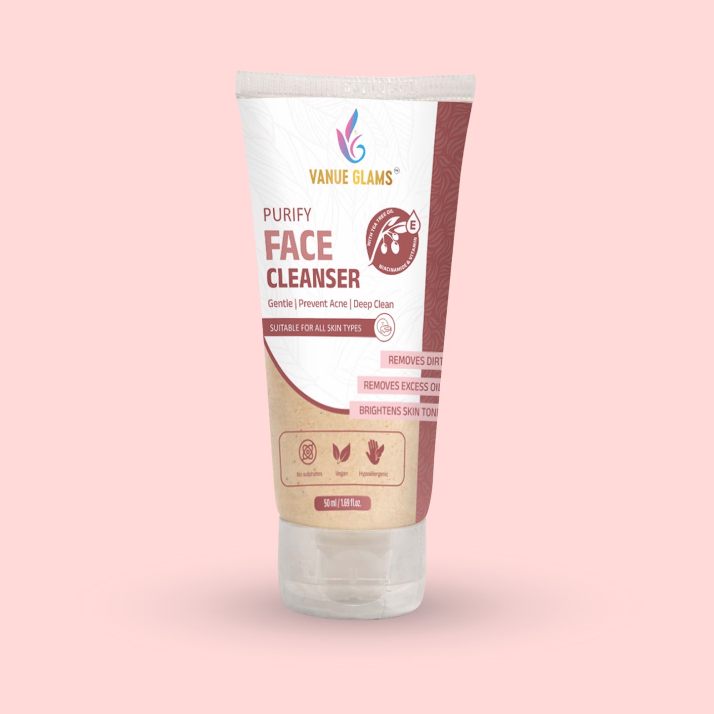 Vanue Glams Purify Face Cleanser – Gentle, Acne Preventing,  Deep Clean Formula with 3% Niacinamide And Vitamin E – Removes Dirt, Excess Oil, and Brightens Skin Tone – Suitable for All Skin Types – 50ml